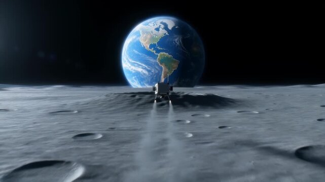 Robotic lunar lander takes off from Moon surface with Earth rising dramatically.