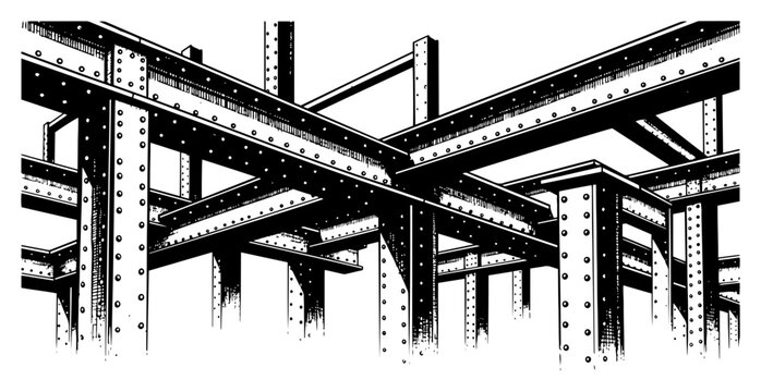 Industrial steel beam architectural structure with rivets in hand drawn engraving style