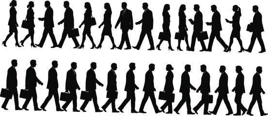 Walking business people silhouettes row men women commuters briefcase office corporate vector set