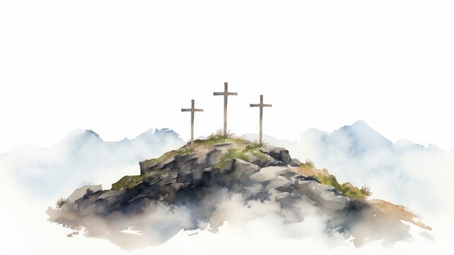 Three crosses on abstract watercolor mountains, representing easter, spiritual and sacrifice, devotion