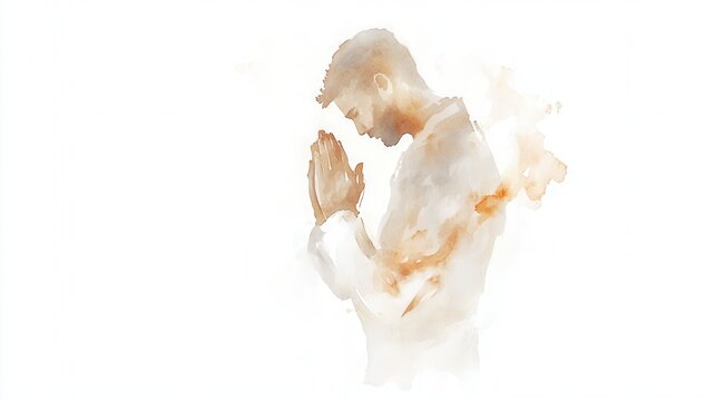 Man with eyes closed and hands clasped, expressing prayer, hope, and watercolor artwork spirituality