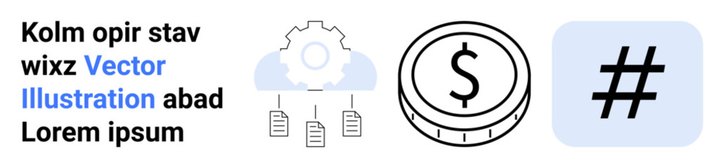 Fototapeta premium Gear connecting document icons, dollar coin, and metadata tag symbol. Ideal for innovation, finance, strategy, branding, social media, digital marketing simple landing page