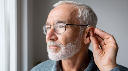 Fototapeta premium Senior man puts on hearing aid near window in soft morning light with focus on hand and ear