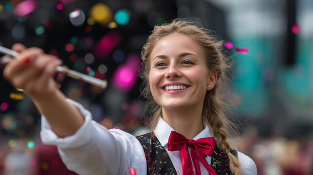 majorette waving baton with confetti flying vibrant festival photography style