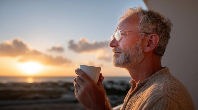 Senior man enjoys a warm drink while gazing at the sunset from his balcony overlooking the skyline during golden hour