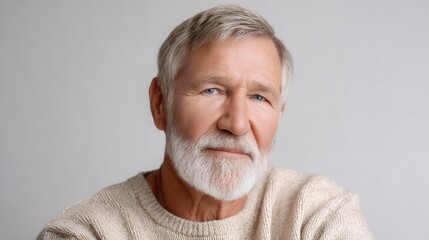Obraz premium Elderly man in a clean casual sweater looking directly at the camera with a soft light background