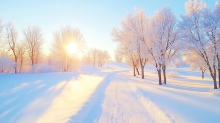 Winter sun rising above a snowy forest, creating long tree shadows on untouched snow. Peaceful light morning crisp