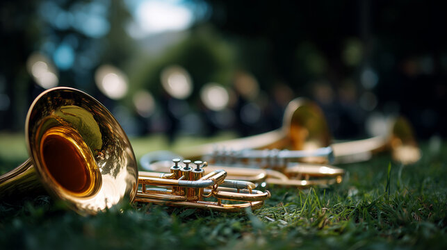 marching band instruments placed on grass before performance clean layout professional background shot