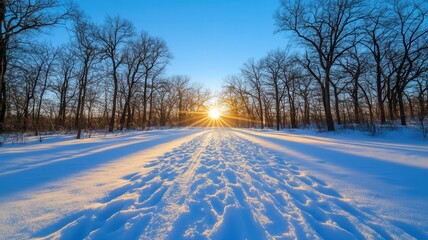 Fototapeta premium Winter forest path creating tunnel effect, golden sunlight glinting on fresh long shadows snow, stretching