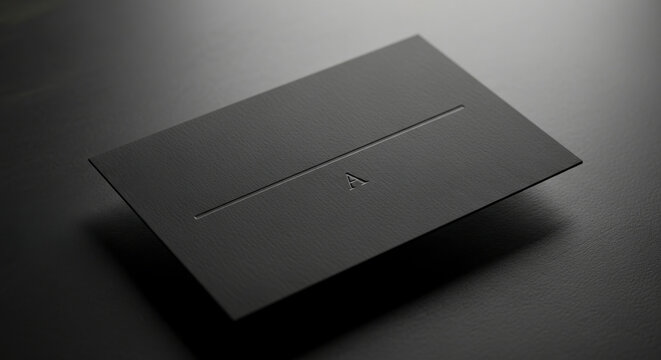 Elegant minimalist black business card with embossed letter A and horizontal line on dark textured background mockup for luxury brand identity professional stationery design template