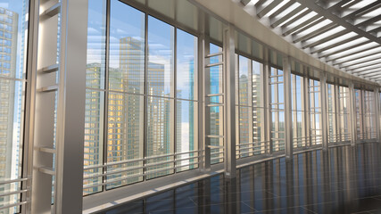 Large empty hall with curved panoramic windows overlooking the modern high-rise buildings and blue sky, glossy black floor reflecting the windows. 3d illustration © Wire_man