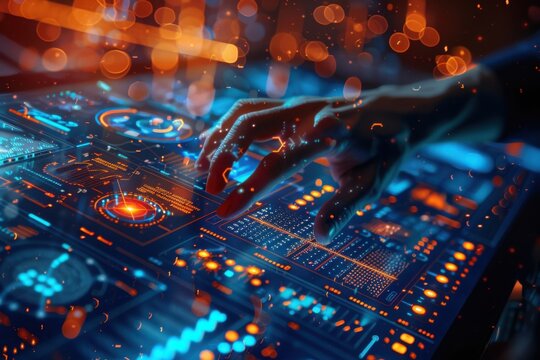 Data science and big data technology. Big data analytics visualizing complex data set on touchscreen. Data mining.