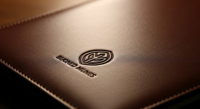 Professional mockup of premium brown leather notebook cover with deep blind embossed leaf logo and BLIONED MUNES text featuring elegant stitching and soft lighting effects