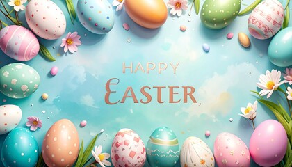 Happy easter greeting with pastel eggs and spring flowers
