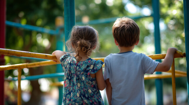 Two children playing on playground faceless, outdoor recreation, childhood activity, play equipment, defocused background, with copy space