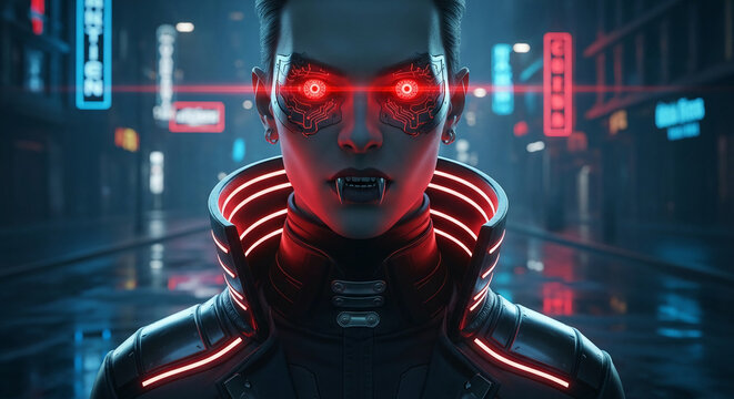 Close-up of a person with red glowing eyes and fangs in a futuristic city, representing technological vampirism or cyberpunk horror themes