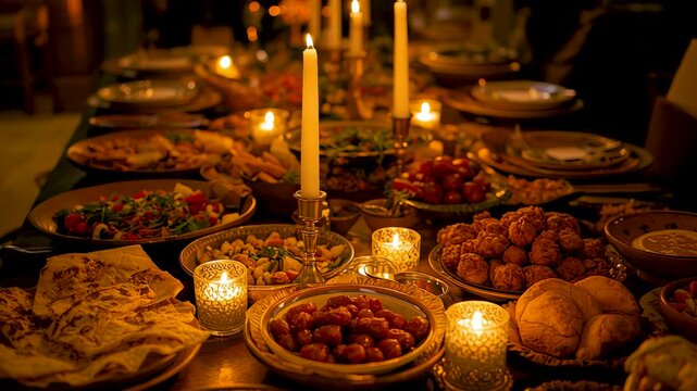 Candlelit Dinner Table with Traditional Dishes Bread and Warm Glowing Lights in Cozy Evening Dining Setting