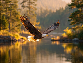 Naklejka premium Bald eagle flying over scenic lake with golden forest reflection in warm sunset light