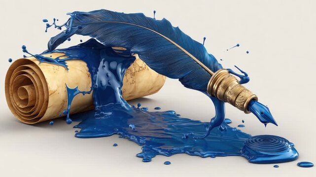 A blue feather quill spills vibrant ink over a scroll on a light background