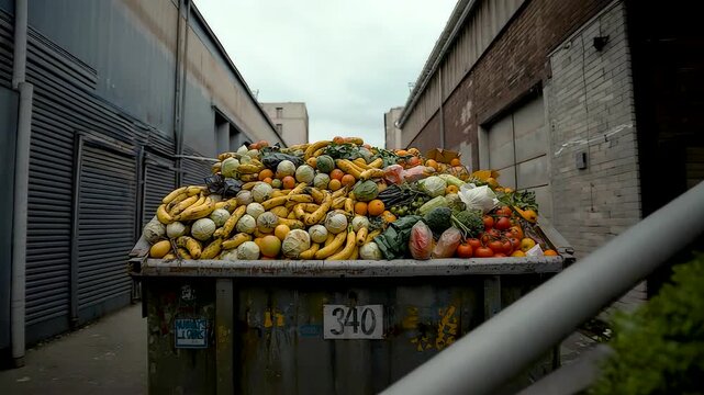 Large Dumpster Filled with Discarded Pumpkins and Gourds in Industrial Alley Between Warehouse Buildings on Overcast Day
