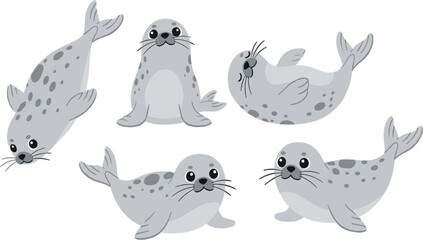 Cute Baby Seal Cartoon Vector Set with Playful Poses Isolated on White Background for Marine Design © MDAbul