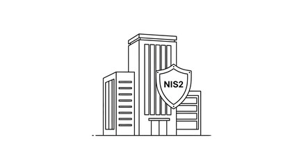 Obraz premium NIS2 Directive Compliance Illustrated with Shield Emblem on Corporate Buildings