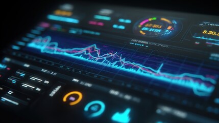 Digital Dashboard: Capturing complex data visualization with a futuristic digital dashboard, showcasing vibrant graphs and dynamic data displays, with glowing user interface design elements.