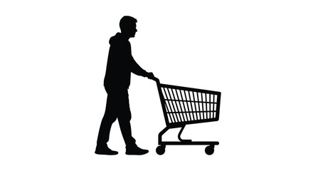 Silhouette of a man pushing a shopping cart on a white background © Mama