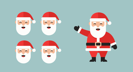 Santa Claus illustration with multiple facial expressions and gestures on a colored background