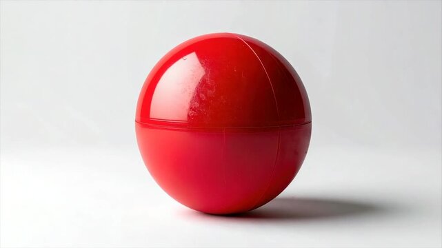 A bright red, two-piece plastic sphere on a white background, with slight scuffs