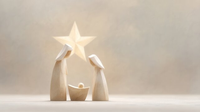 Nativity scene presenting holy family with geometric paper figures under bethlehem of guiding star