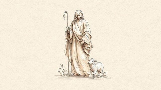 Good shepherd standing with staff, a lamb representing spiritual guidance concept and protection, religious