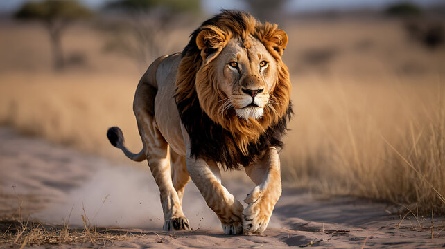 Majestic lion walking in the wild with a powerful stance isolated on transparent background