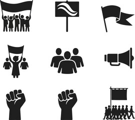 Black vector icons depicting protest and activism symbols, including raised fists, flags, and megaphones, isolated on transparent background
