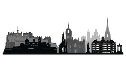 Fototapeta premium Edinburgh city skyline with famous buildings and churches in Scotland gray silhouette transparent background