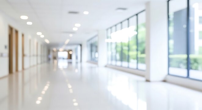 long white corridor with windows and doors in office building