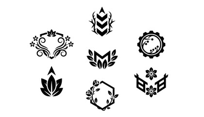 Fototapeta premium Collection of seven black vector icons including shields gears floral wreaths and banners suitable for nature branding and corporate identity