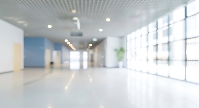 empty office building corridor with windows and doors