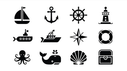 Nautical icons set including sailboat anchor lighthouse submarine compass and ocean creatures on white background © Soma