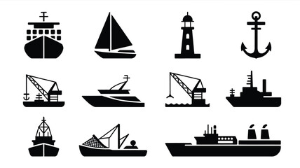 Vector illustration of various nautical vessels and symbols including ships boats lighthouses and anchors in black silhouette on white background for maritime and navigation concepts © Soma