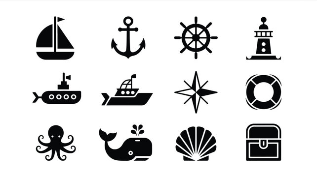Nautical icons set including sailboat anchor lighthouse submarine compass and ocean creatures on white background