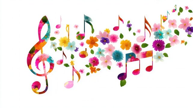 Musical notes and treble clef forming a vibrant melody with colorful blooming flowers and green leaves