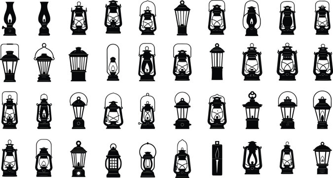 Vintage Lanterns and Oil Lamps Silhouette Set Vector Illustration. Collection of Retro Camping Light Icons for Design Projects.