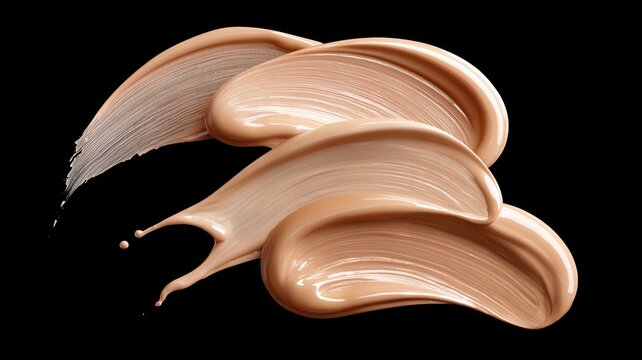 Face foundation liquid texture swatches creating smooth cosmetic lines on black beauty background, showcasing product