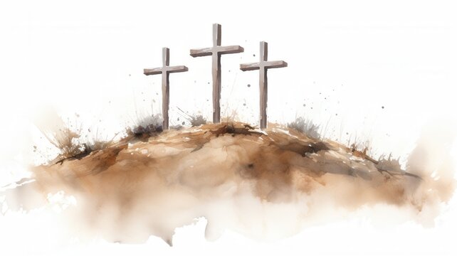 Three wooden crosses standing on a watercolor hill, symbolizing resurrection, salvation, and easter at faith christian