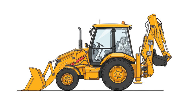 Yellow backhoe loader digger machine with front loader and excavator arm, illustration