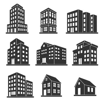 Commercial buildings and modern houses. Set of vector building icons in perspective. Clean black‑and‑white architectural silhouettes. Ideal for real estate agency logos and property branding.