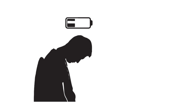 A silhouette of a person leaning forward with a battery icon above their head indicating low energy or exhaustion from technology usage indoors from a side viewpoint