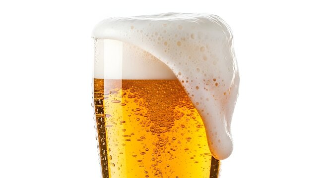 A chilled pint of golden lager beer with thick white foam and bubbles isolated on a white background