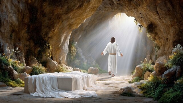 Jesus christ emerging from the empty tomb, representing new life, resurrection, and over the death triumph
